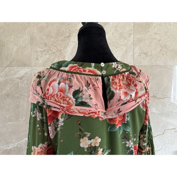 Farm Rio Elinor Tunic Dress - S Green Pink, Floral Long Sleeve Boho Twee Cottage - Picture 10 of 14